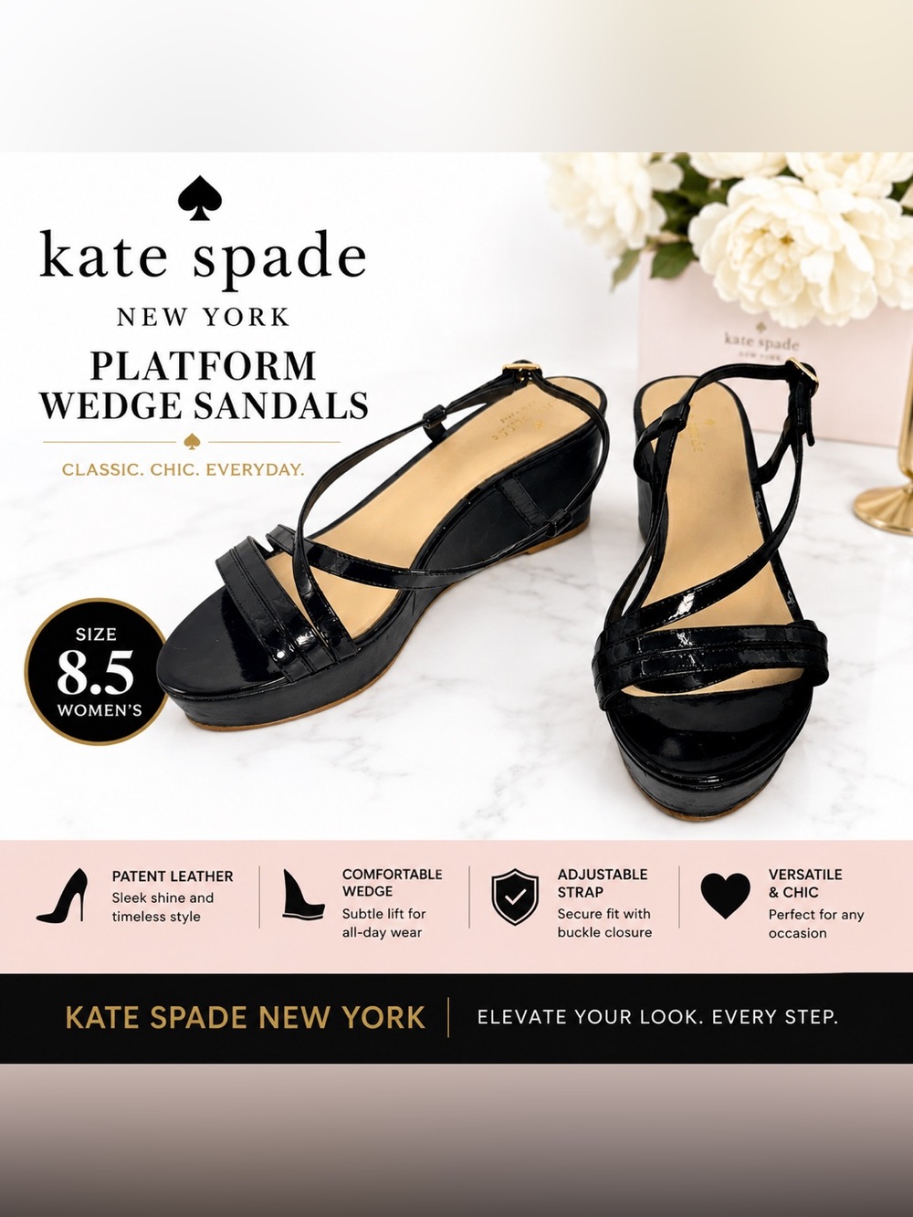 Kate Spade New York Black Patent Leather Platform Wedge Sandals Women Size 8.5